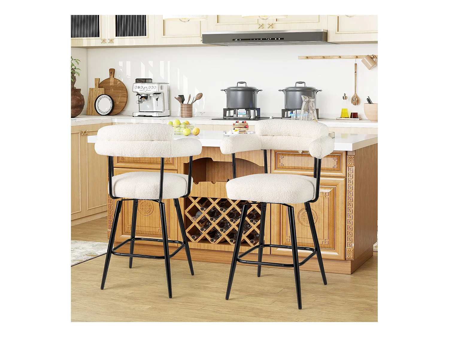 Sedie moderne imbottite in boucle con gambe in metallo e poggiapiedi per isola cucina, Set di 2 sgabelli da bar girevoli Bianco