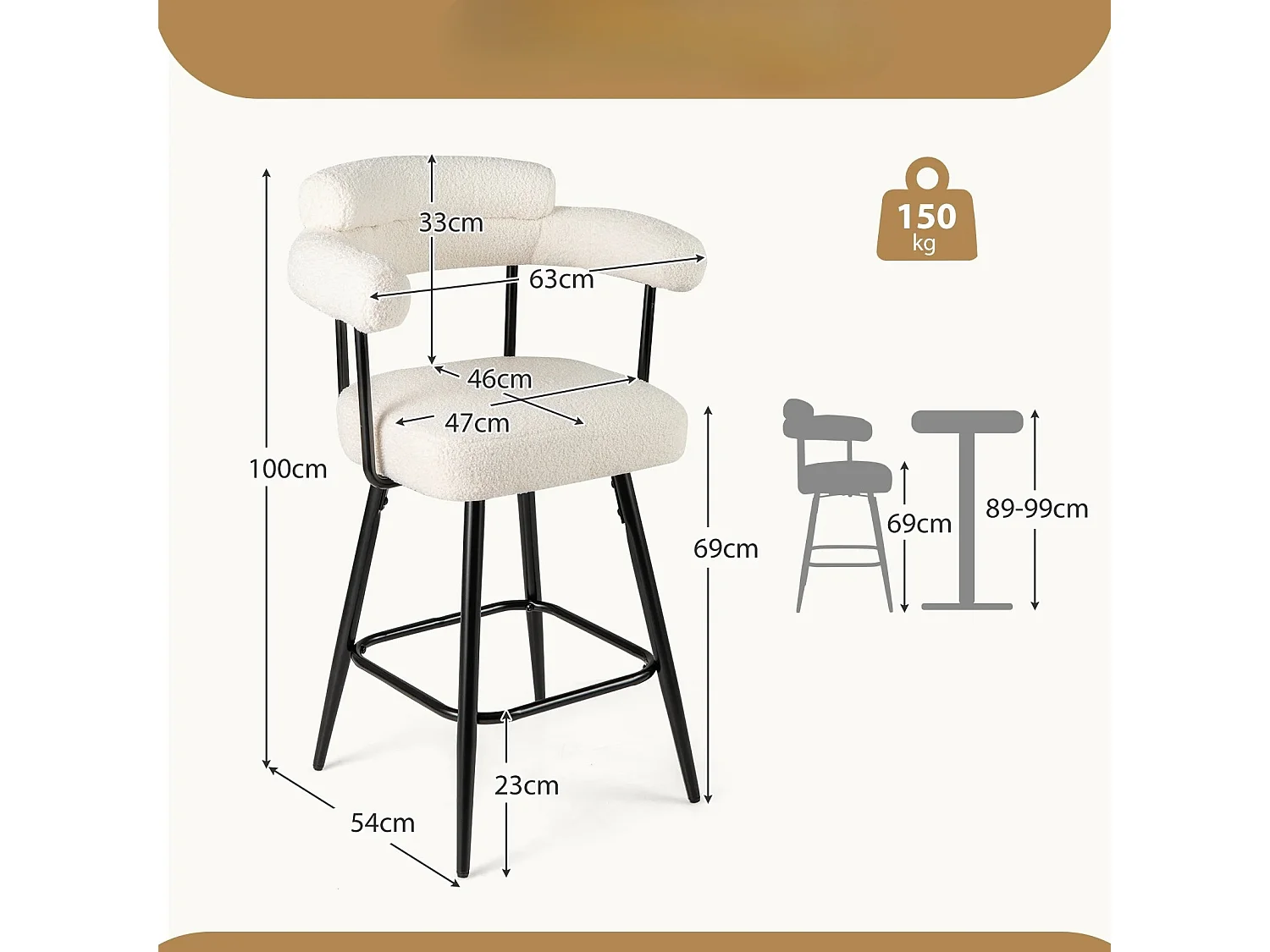 Lot de 2 Tabourets de Bar Pivotants Chaises de Comptoir 69 CM de Hauteur avec Dossier et Accoudoirs Incurvés Chaises Rembourrées Blanc