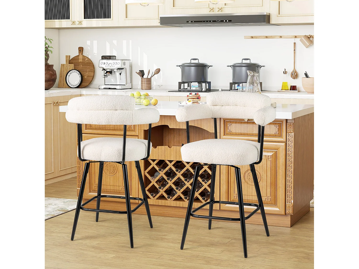 Lot de 2 Tabourets de Bar Pivotants Chaises de Comptoir 69 CM de Hauteur avec Dossier et Accoudoirs Incurvés Chaises Rembourrées Blanc