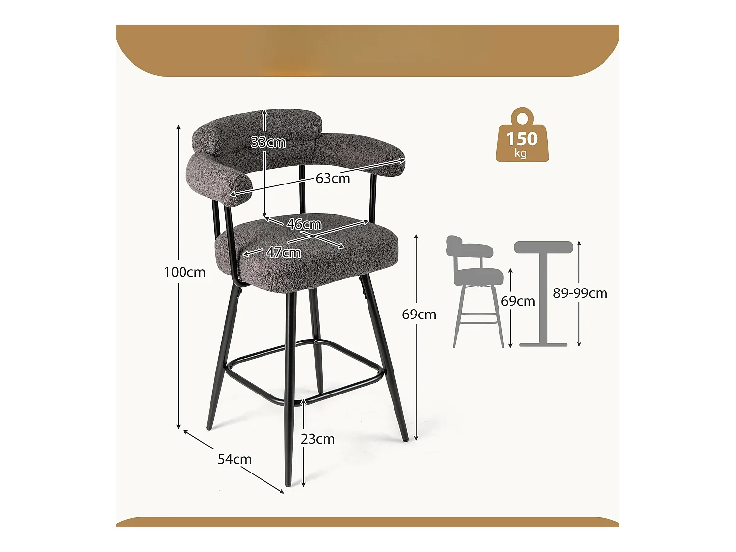 Sedie moderne imbottite in boucle con gambe in metallo e poggiapiedi per isola cucina, Set di 2 sgabelli da bar girevoli Grigio