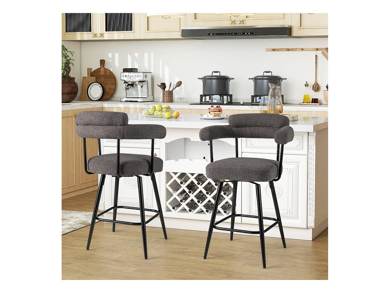 Sedie moderne imbottite in boucle con gambe in metallo e poggiapiedi per isola cucina, Set di 2 sgabelli da bar girevoli Grigio