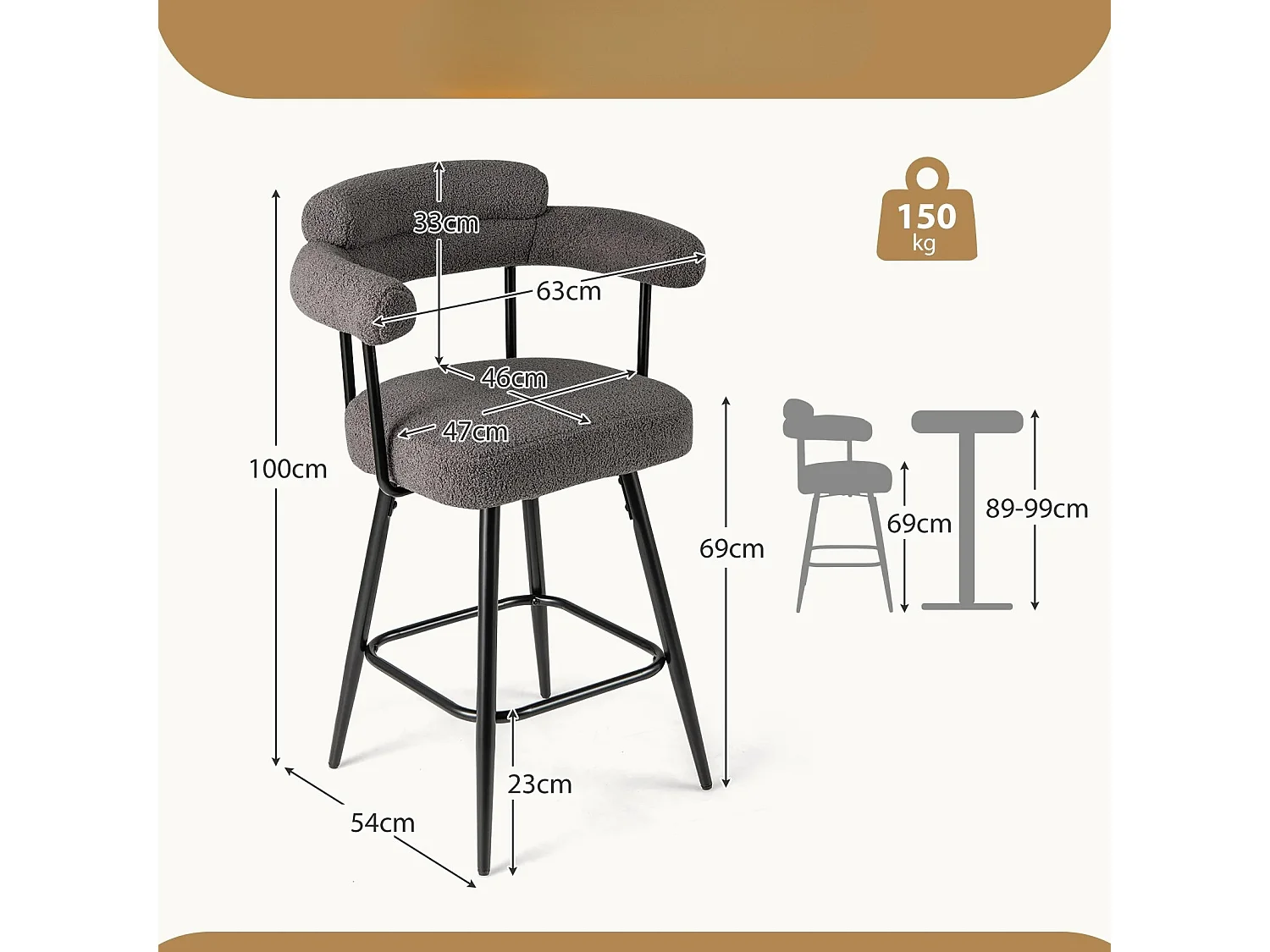 Lot de 2 Tabourets de Bar Pivotants Chaises de Comptoir 69 CM de Hauteur avec Dossier et Accoudoirs Incurvés Chaises Rembourrées Gris