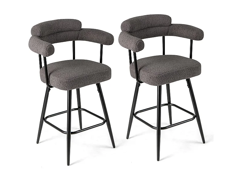 Sedie moderne imbottite in boucle con gambe in metallo e poggiapiedi per isola cucina, Set di 2 sgabelli da bar girevoli Grigio