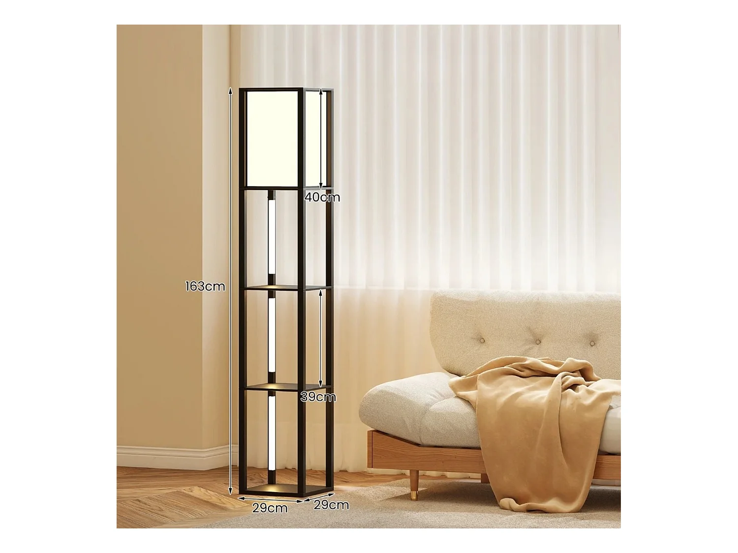 Lampadaire avec étagères & interrupteur à pied & 3 niveaux réglables Bande LED Bois Lampe d'étagère