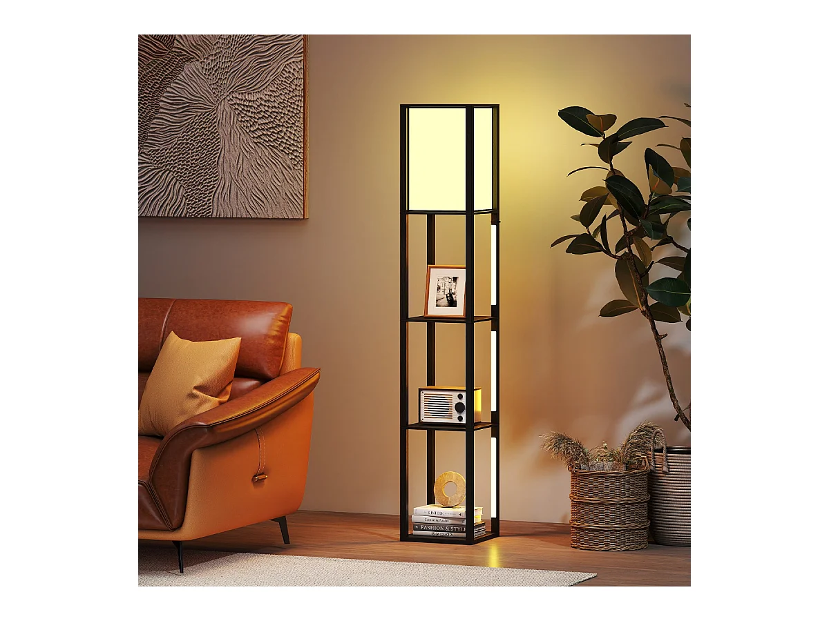 Lampadaire avec étagères & interrupteur à pied & 3 niveaux réglables Bande LED Bois Lampe d'étagère