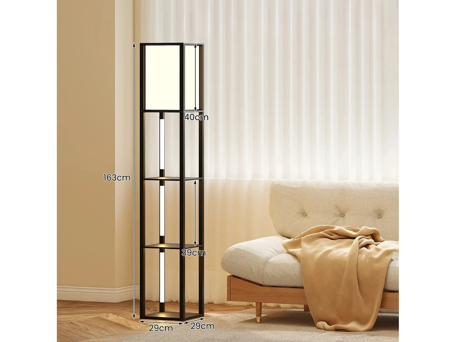 Lampadaire avec étagères & interrupteur à pied & 3 niveaux réglables Bande LED Bois Lampe d'étagère