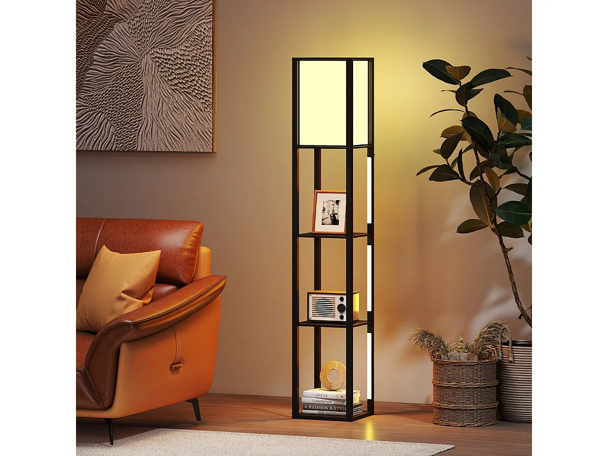 Lampadaire avec étagères & interrupteur à pied & 3 niveaux réglables Bande LED Bois Lampe d'étagère