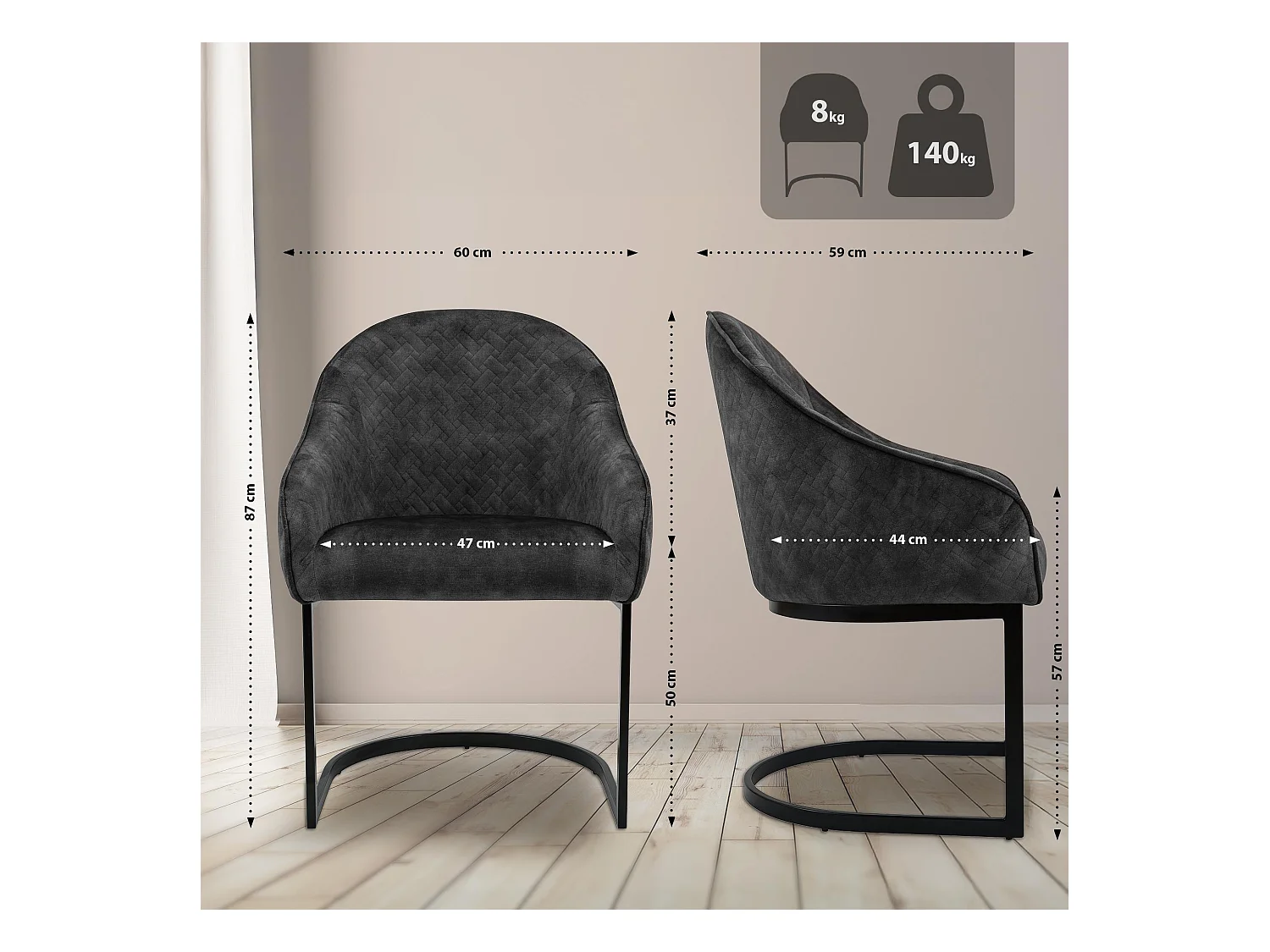 chaise salle à manger - Velours - Gris foncé - Jarik