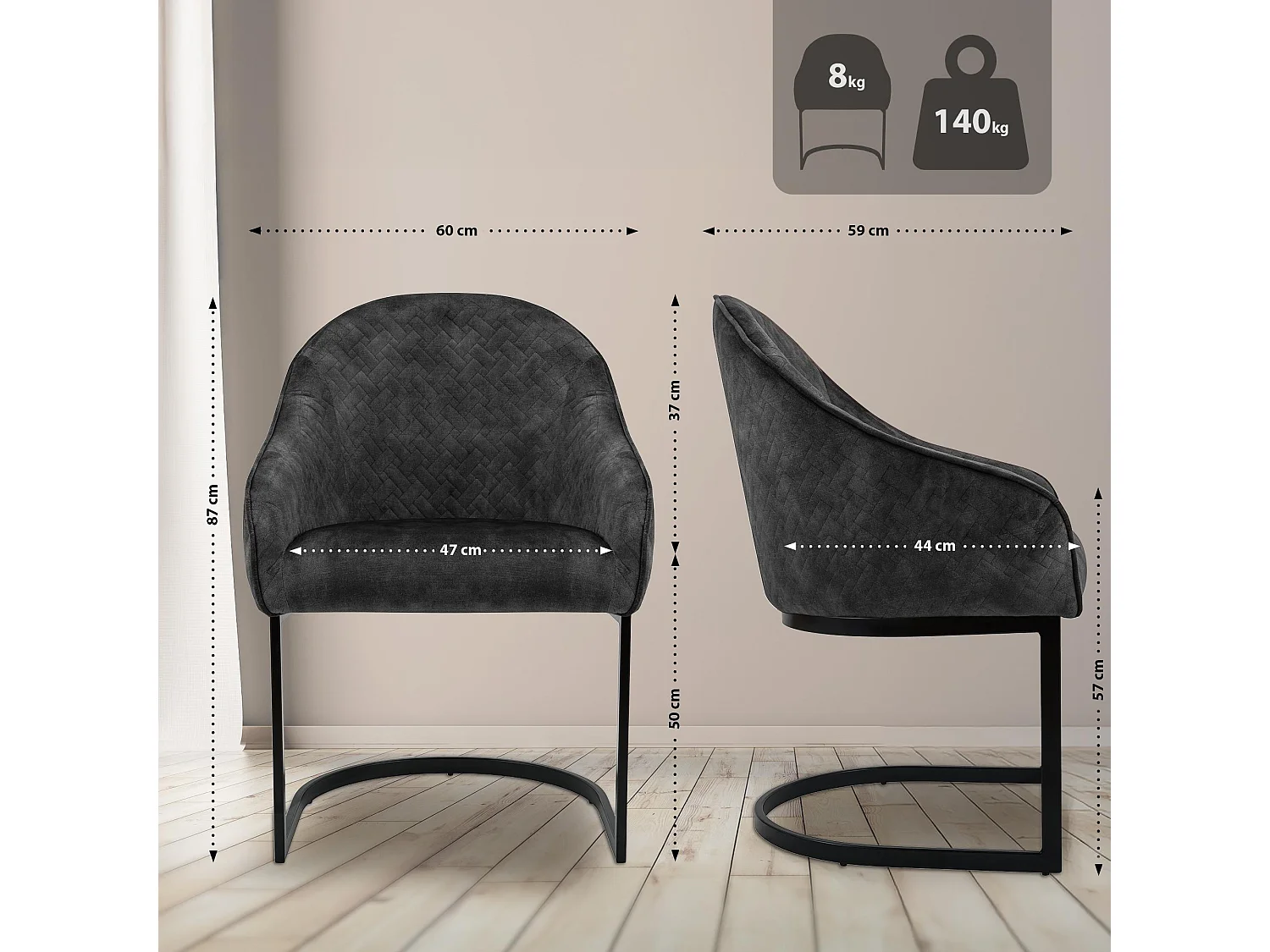 chaise salle à manger - Velours - Gris foncé - Jarik