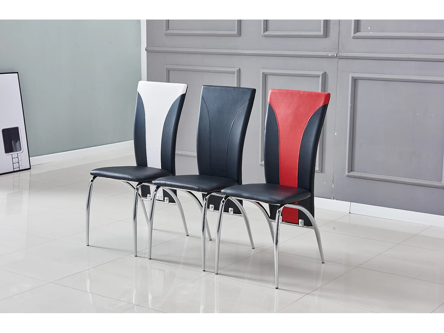 Lot 2 Chaises Salle à Manger Similicuir Noir Pieds Chrome – DUNA