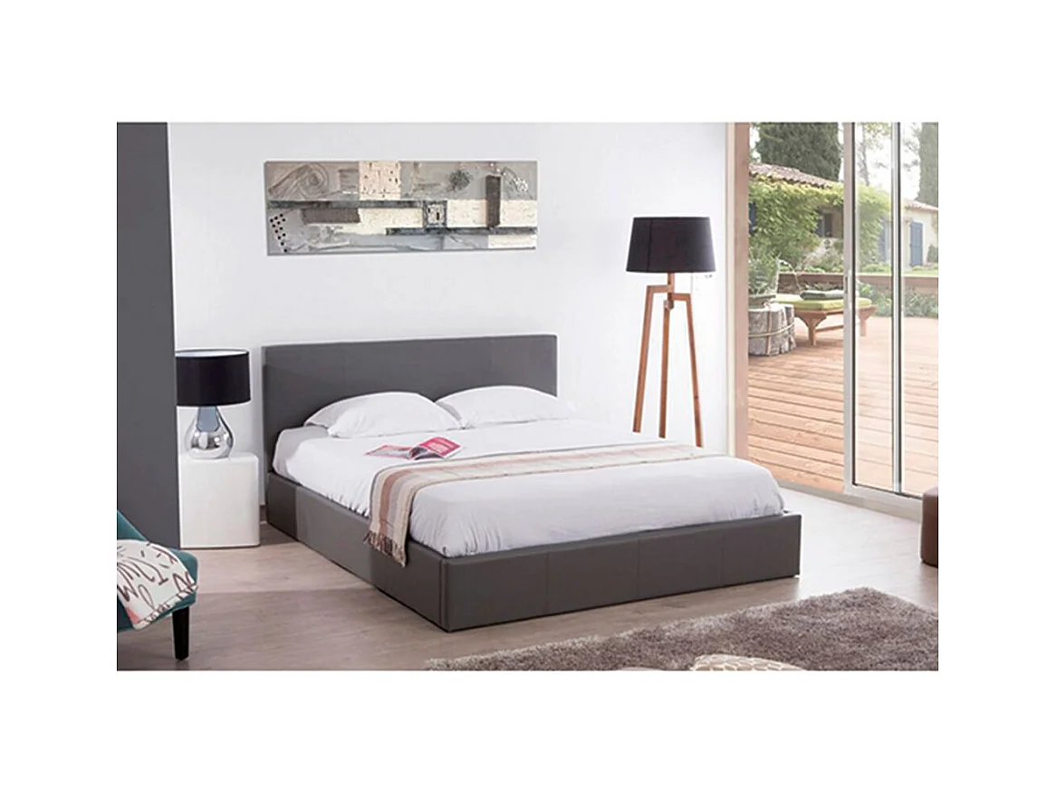 Lit coffre 2 places  BASTIEN simili cuir GRIS 140x190 cm sommier inclus