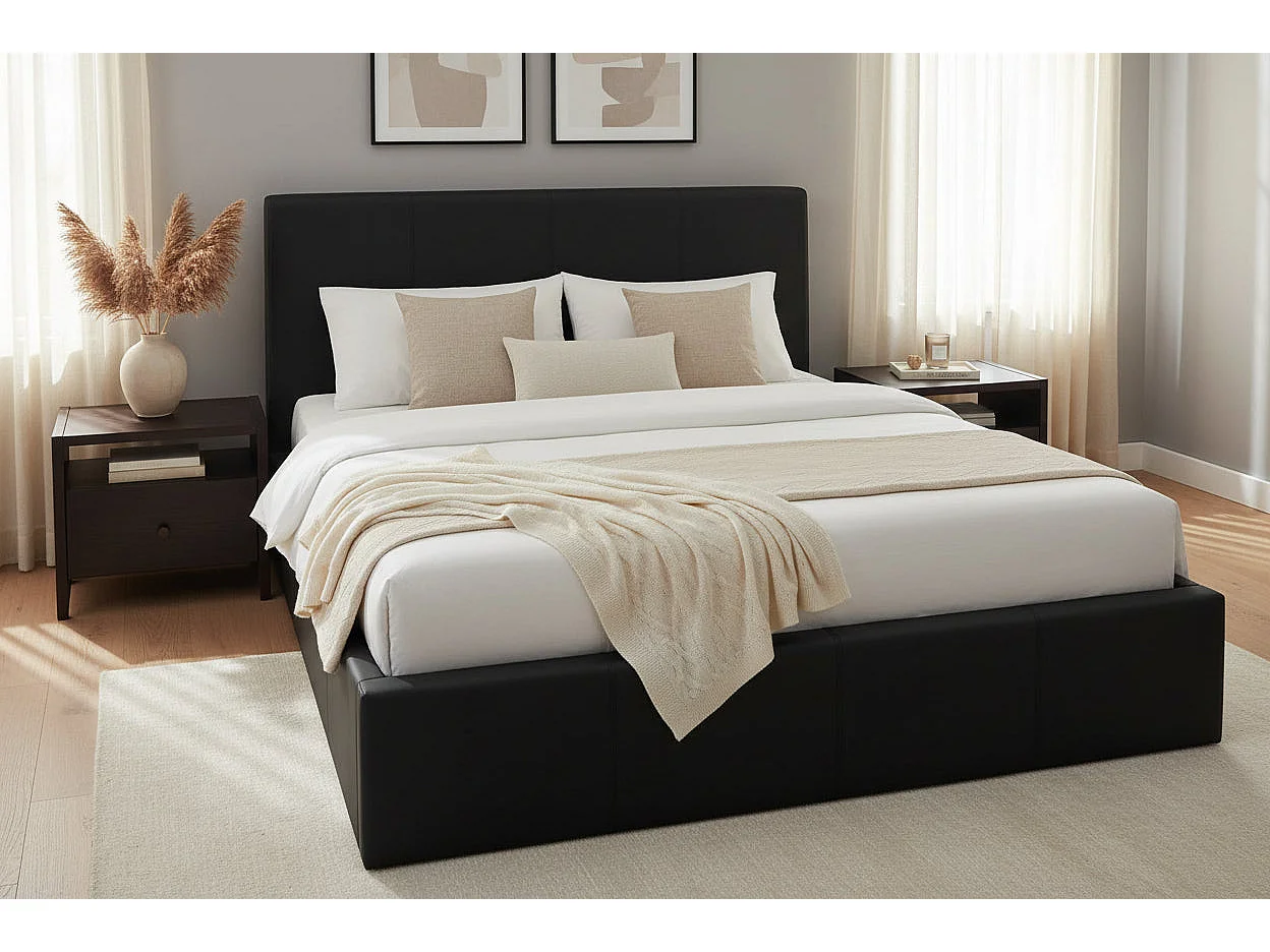 Lit coffre 2 places  BASTIEN simili cuir NOIR 140x190 cm sommier inclus