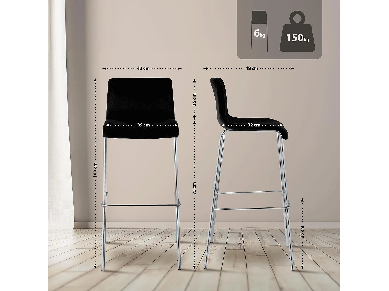 Tabouret de bar - Velours - Noir - Hover