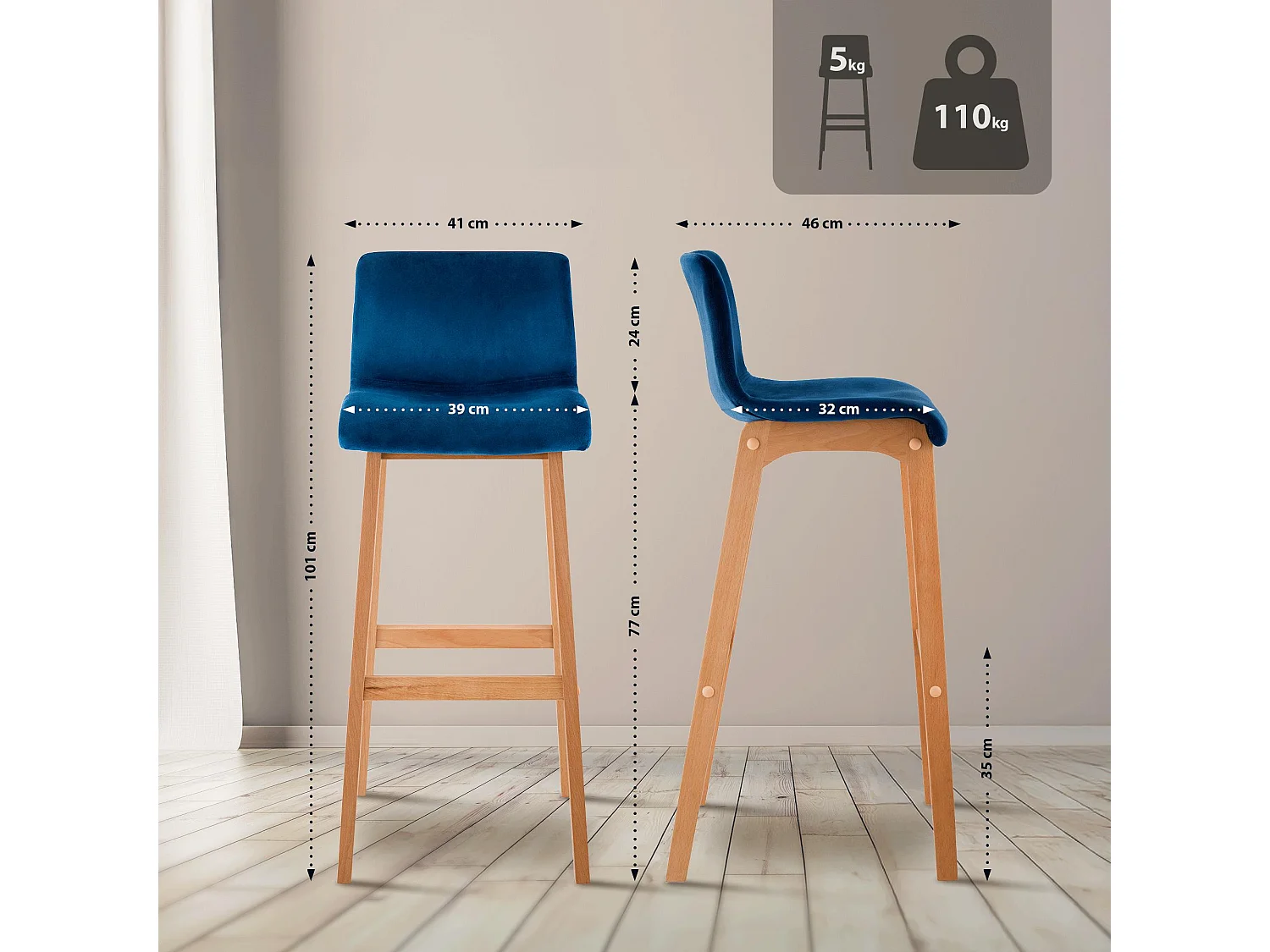 Tabouret de bar - Velours - Bleu - Hover