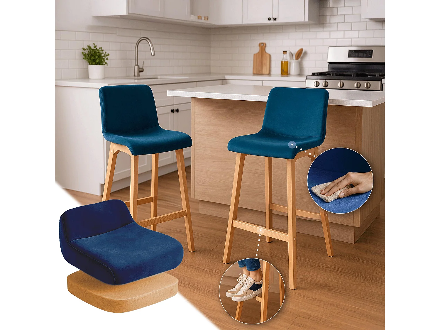 Tabouret de bar - Velours - Bleu - Hover