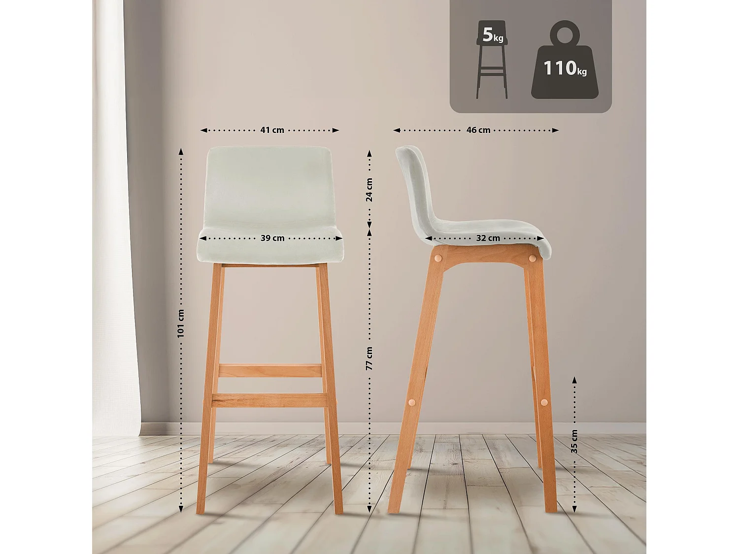 Tabouret de bar - Velours - Crème - Hover