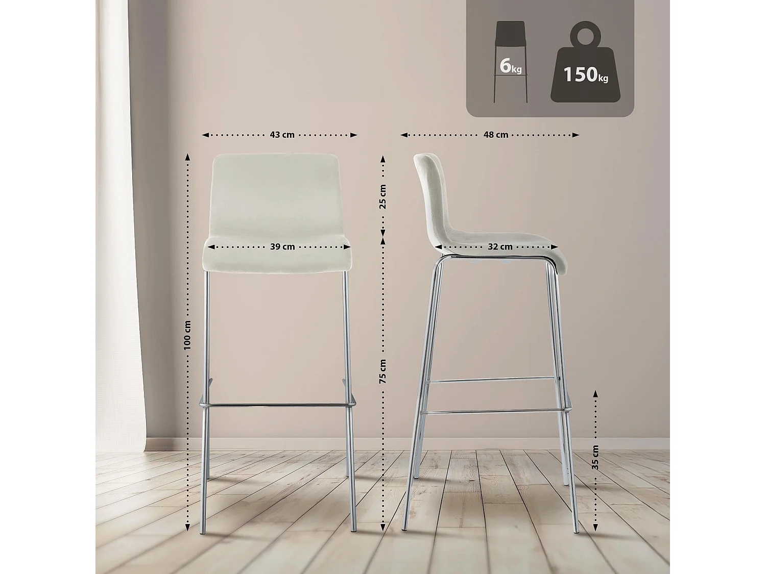 Tabouret de bar - Velours - Crème - Hover