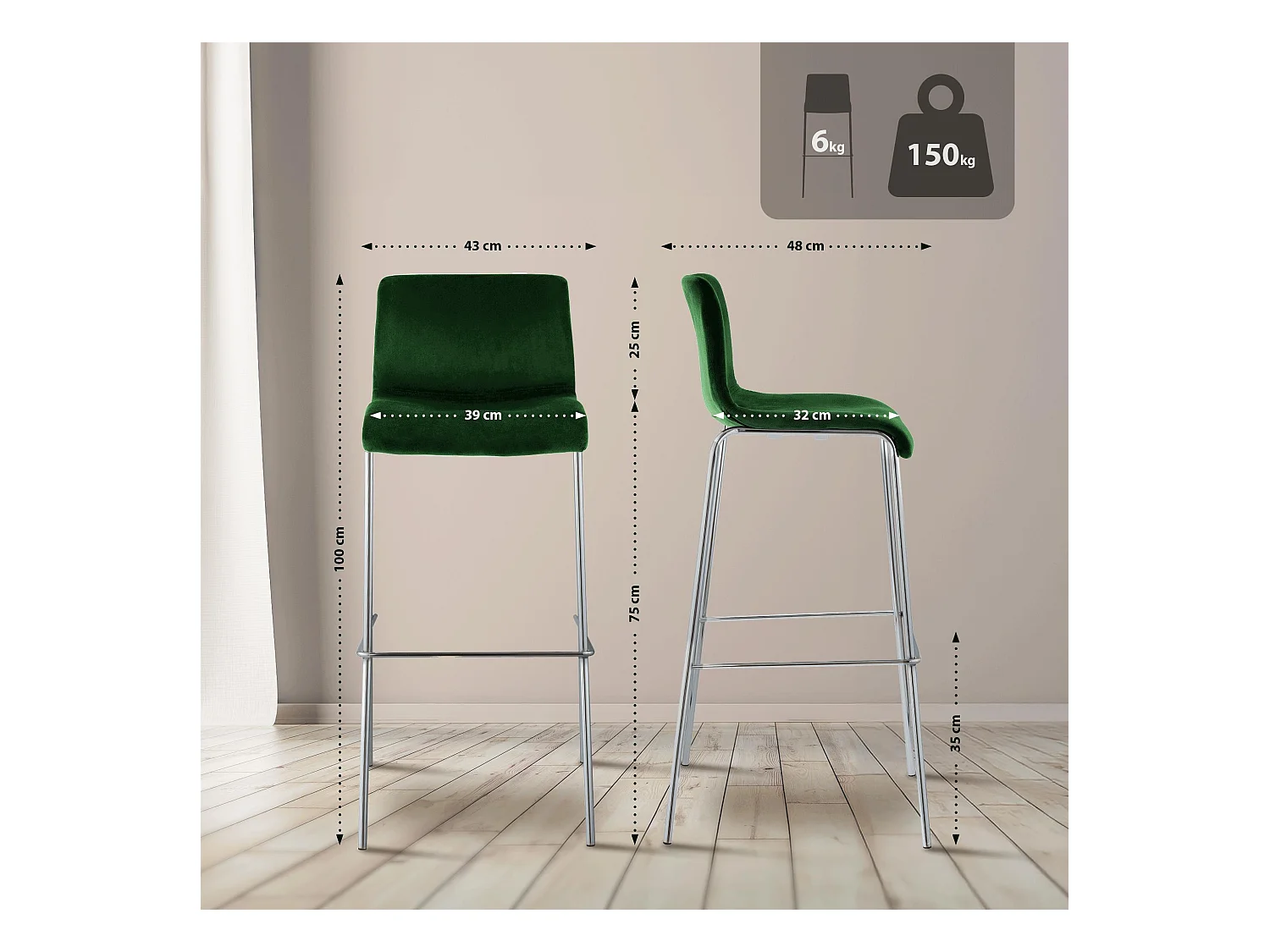 Tabouret de bar - Velours - Vert - Hover