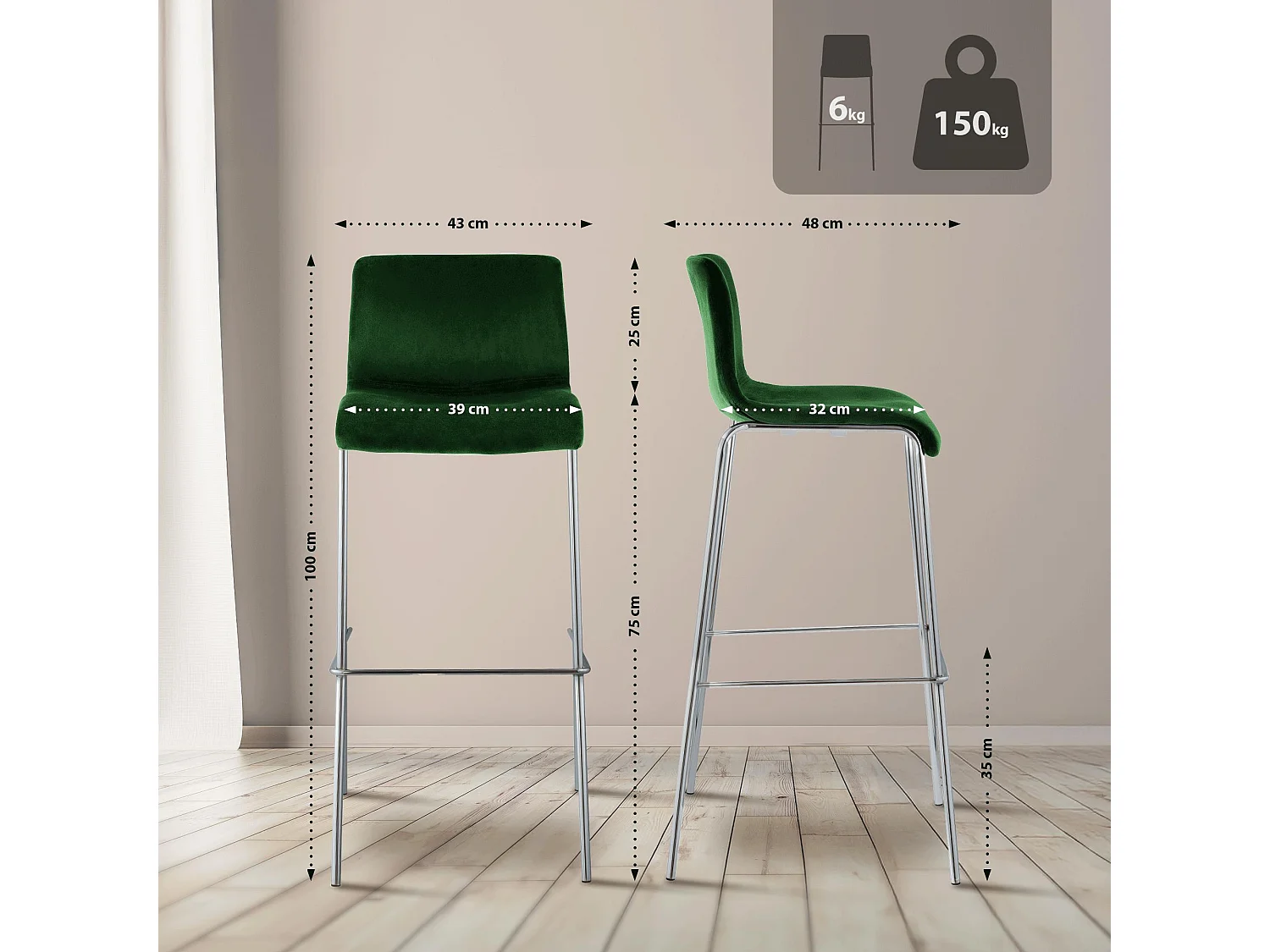 Tabouret de bar - Velours - Vert - Hover