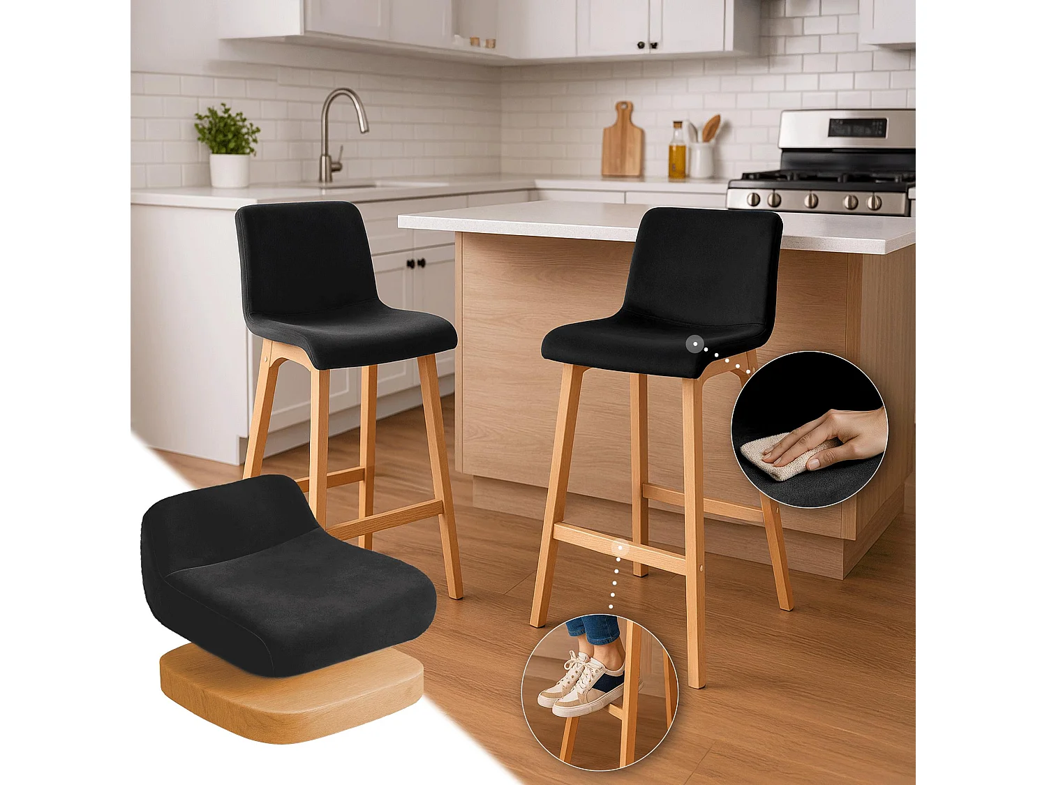 Tabouret de bar - Velours - Noir - Hover