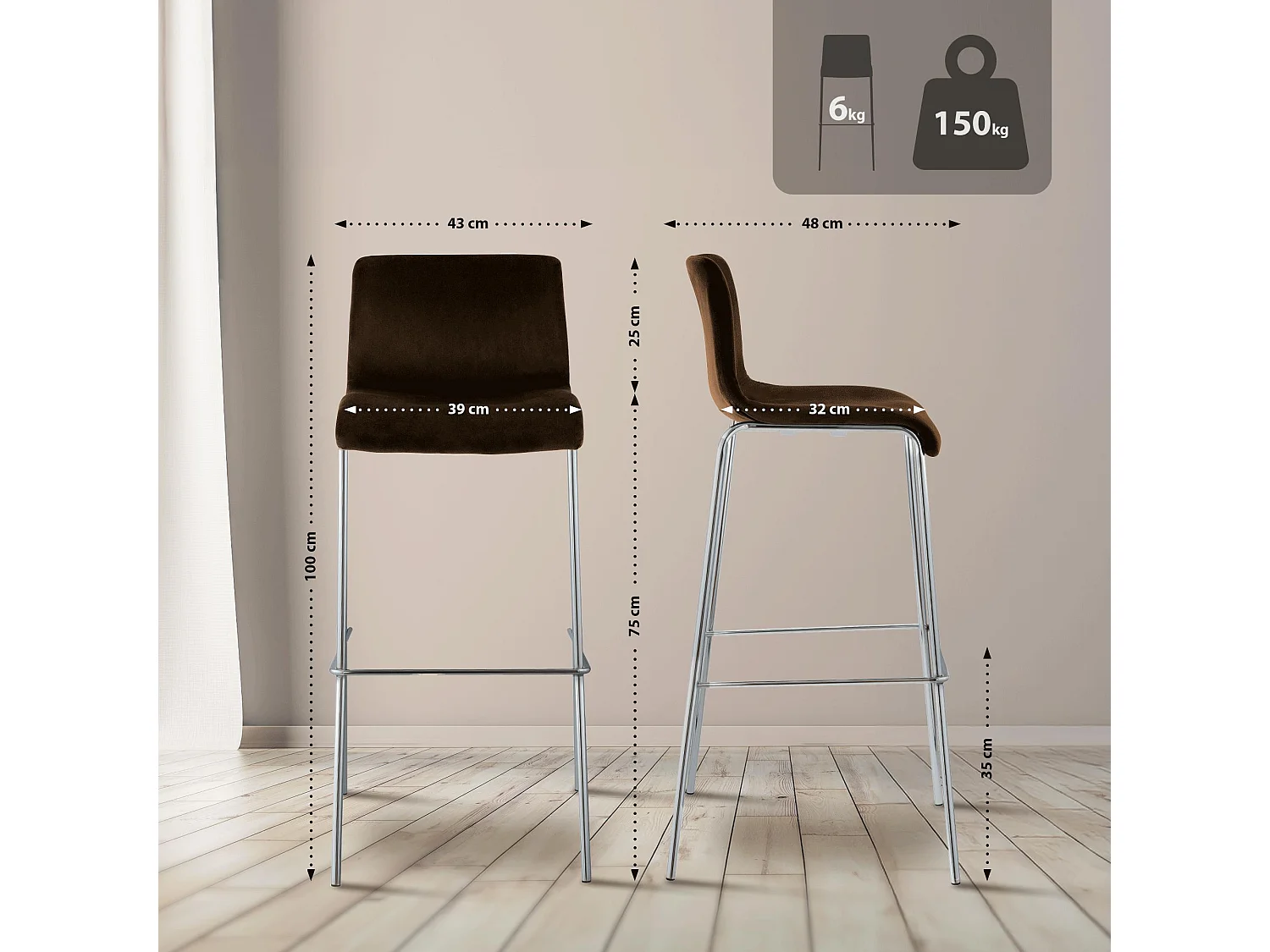 Tabouret de bar - Velours - Marron - Hover