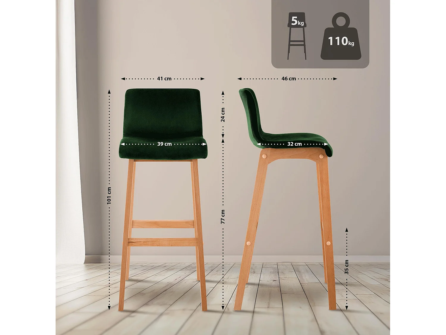 Tabouret de bar - Velours - Vert - Hover