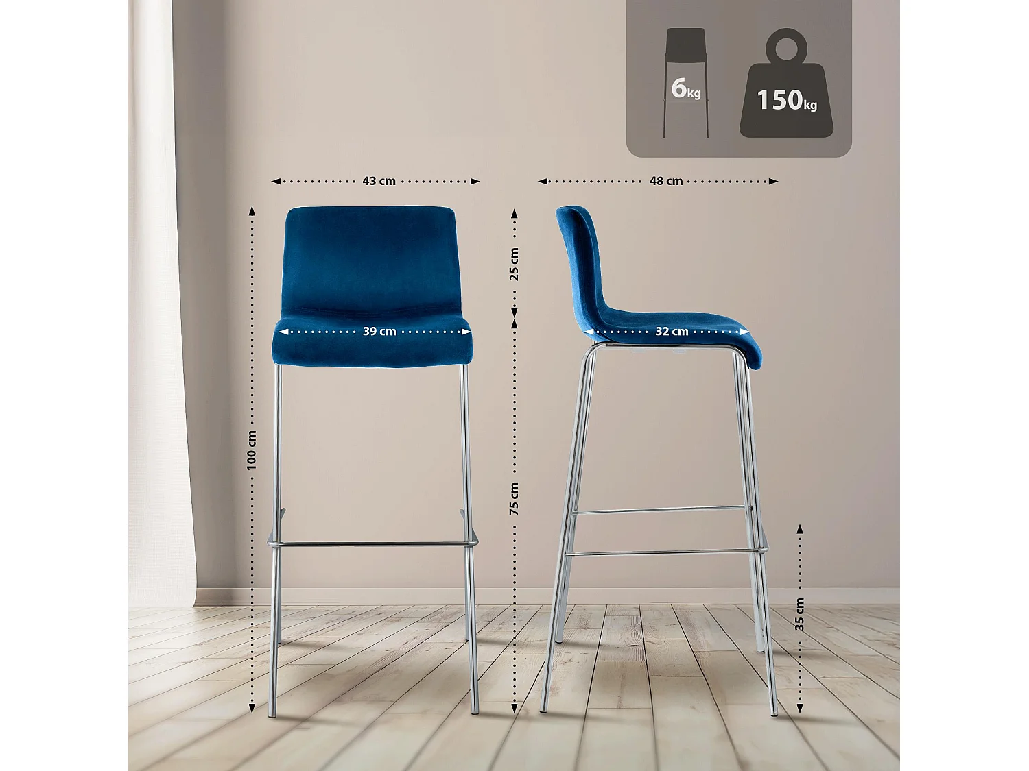 Tabouret de bar - Velours - Bleu - Hover
