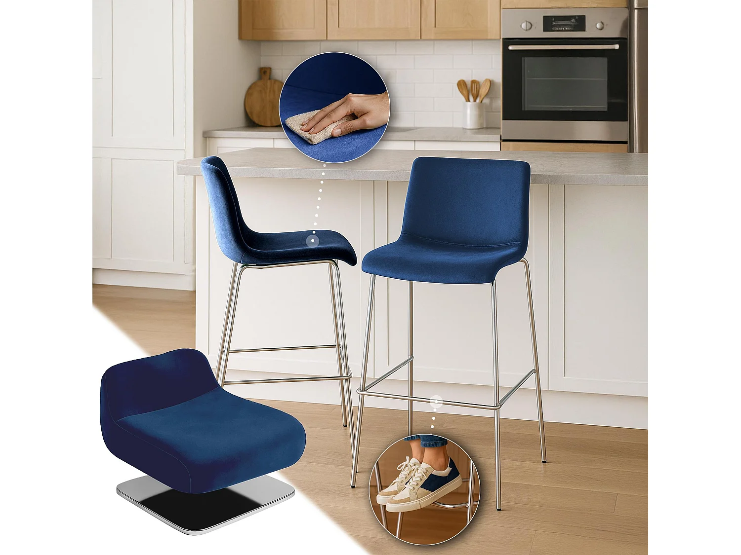 Tabouret de bar - Velours - Bleu - Hover