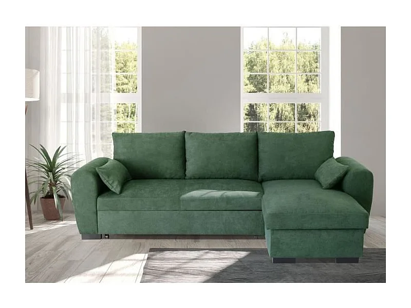 Canapé d'angle convertible réversible MAX - Méridienne avec coffre - Tissu vert foret - 240 x 143 x 85 cm
