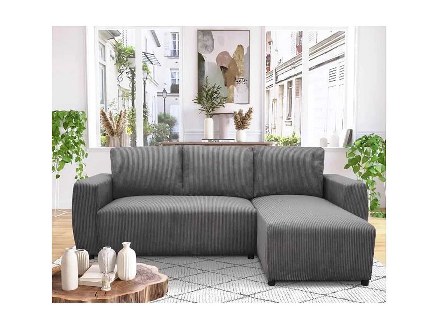 Canapé d'angle convertible réversible 3-4 places - velours côtelé Anthracite - Coffre de rangement - 224 x 155 x 85 cm