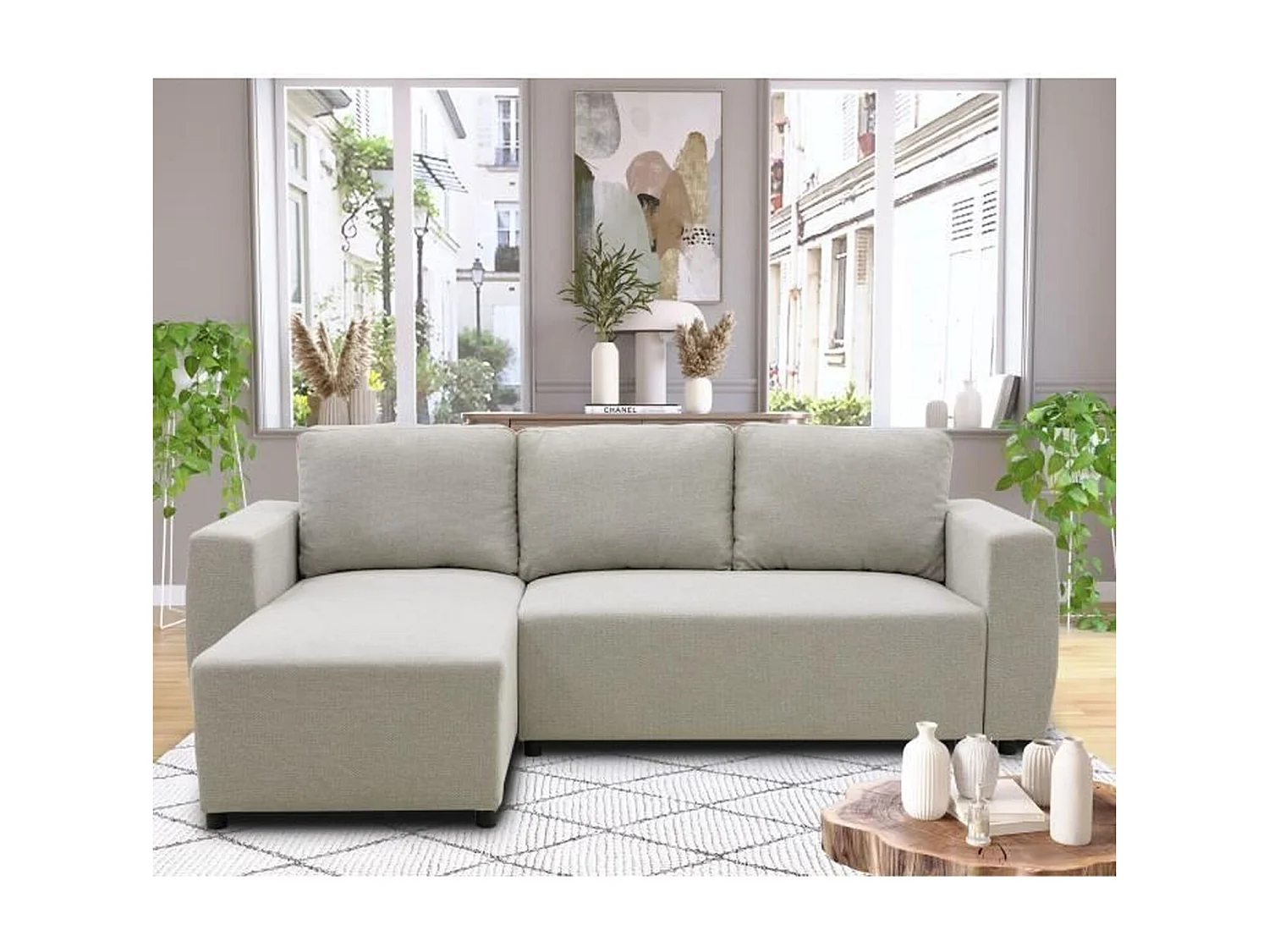 Canapé d'angle convertible réversible 3-4 places - PHARELL - Tissu beige - Coffre de rangement - 224 x 155 x 85 cm