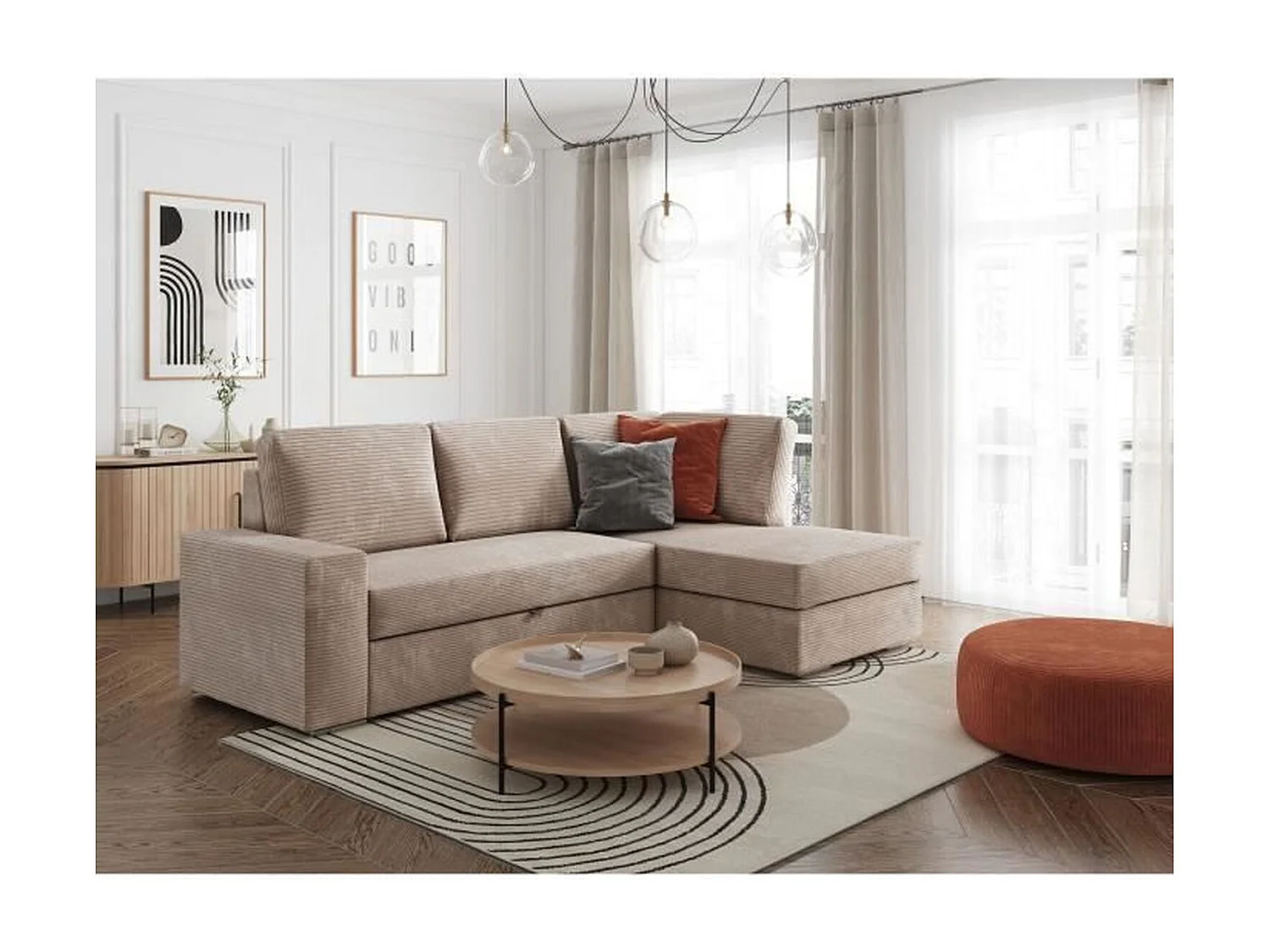 ARTEMIS 4-zits hoekbank rechts - Greige corduroy - 246 x 174 x 96 cm