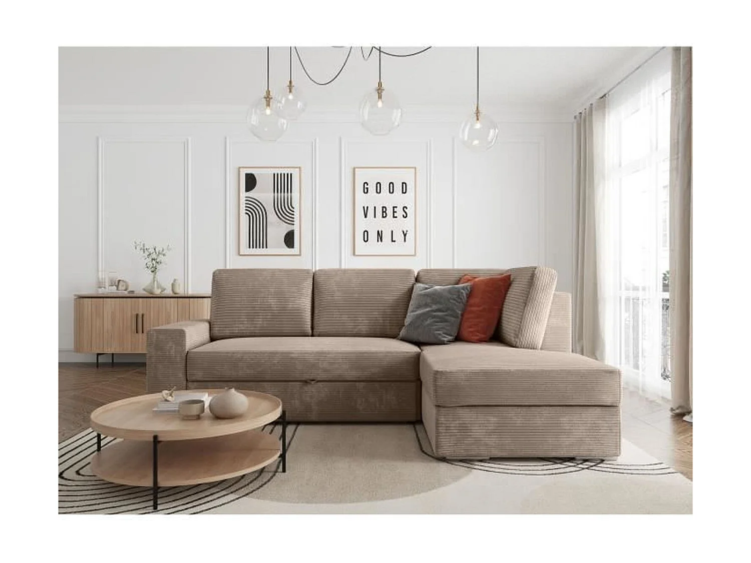 ARTEMIS 4-zits hoekbank rechts - Greige corduroy - 246 x 174 x 96 cm