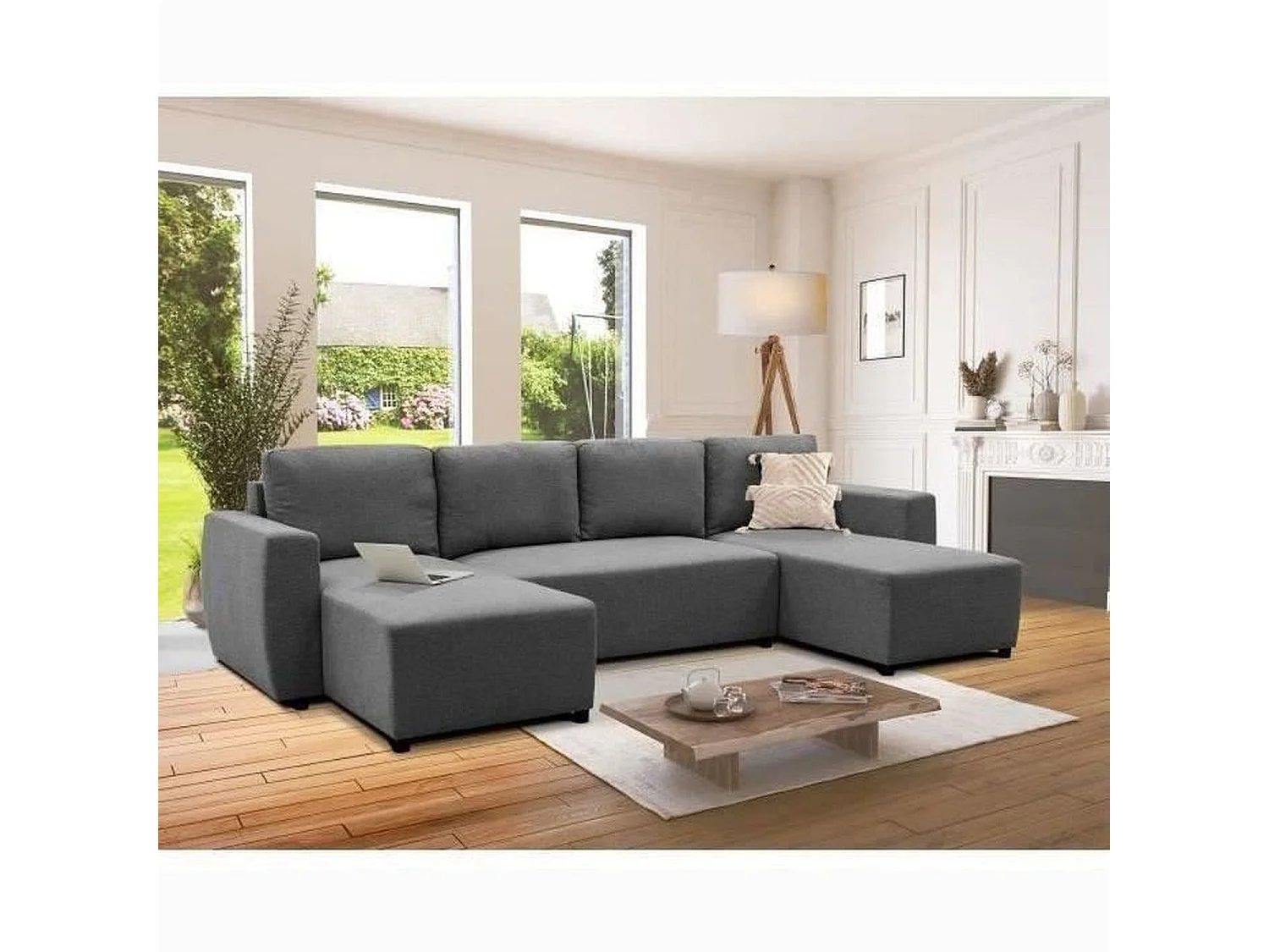 Canapé d'angle convertible panoramique PHAREL5/6 places - Tissu anthracite - Coffre de rangement - 297 x 155 x 85 cm