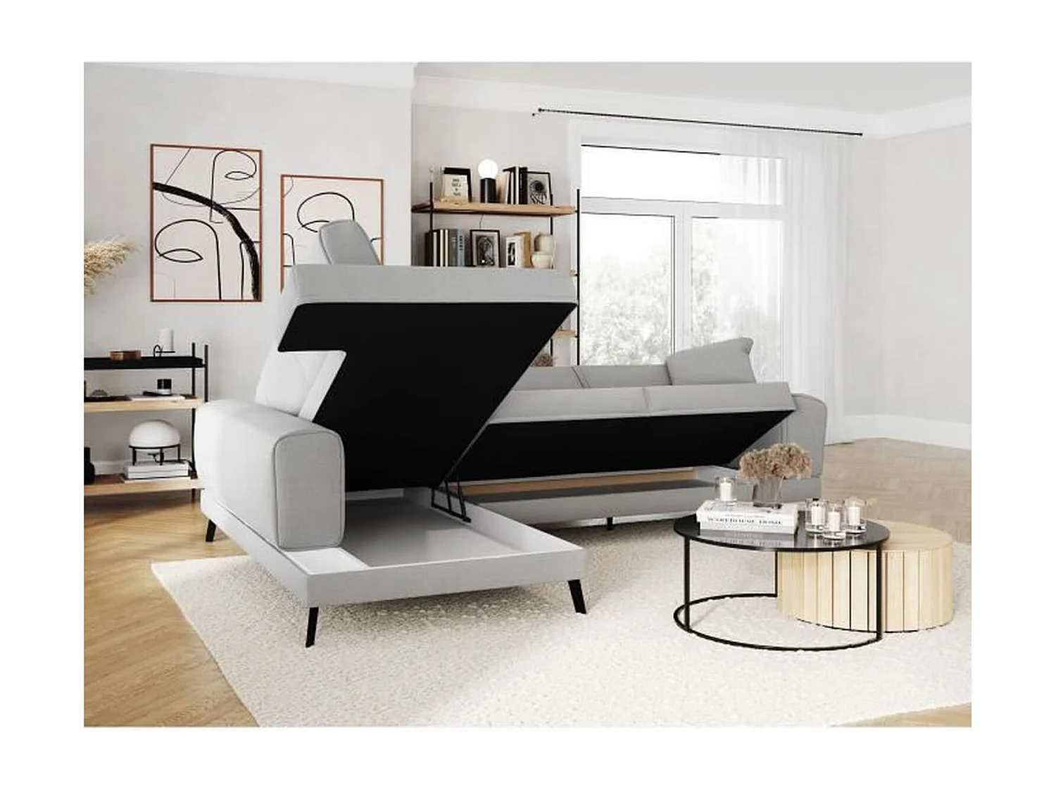 Canapé d'angle gauche convertible IMPERIA 5 places - gris clair - 2 coffres de rangement - 304 x 212 x 86 cm