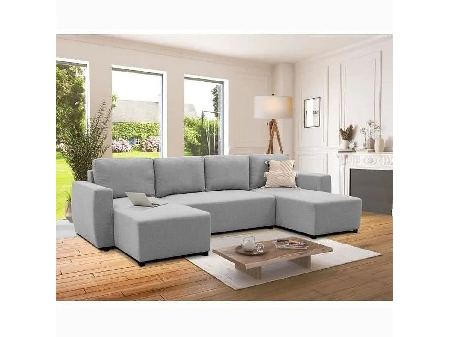 Canapé d'angle convertible panoramique PHAREL5/6 places - souris - Coffre de rangement - 297 x 155 x 85 cm