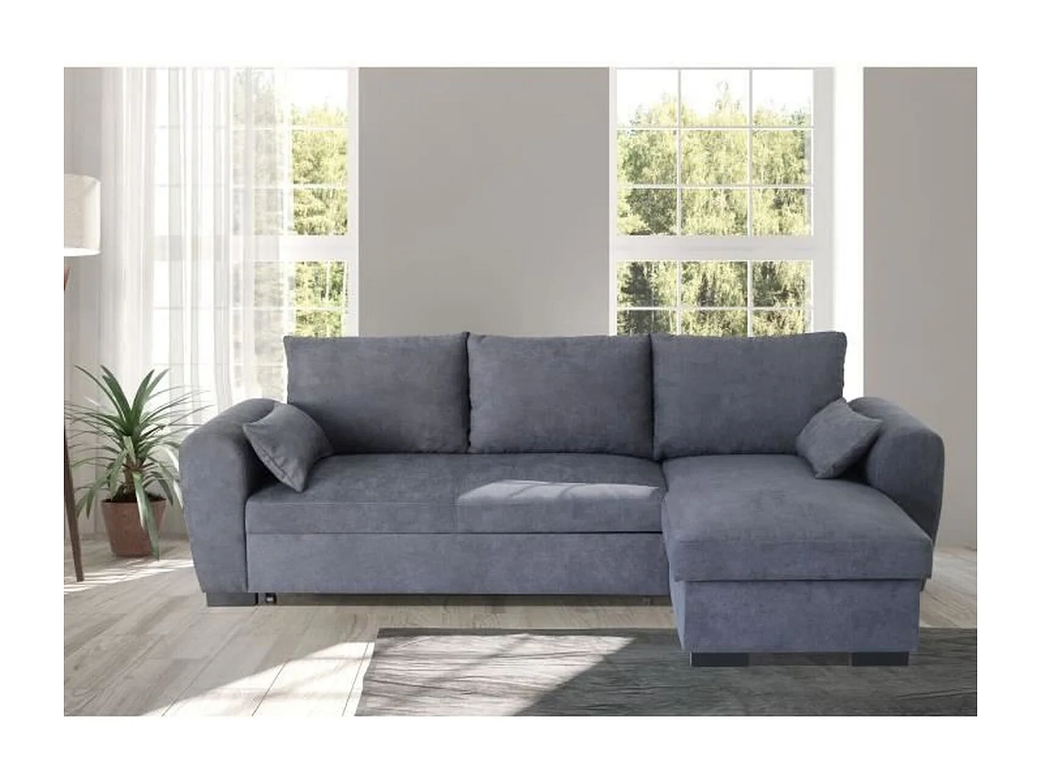 Canapé d'angle convertible réversible MAX - Méridienne avec coffre - Tissu gris foncé - 240 x 143 x 85 cm