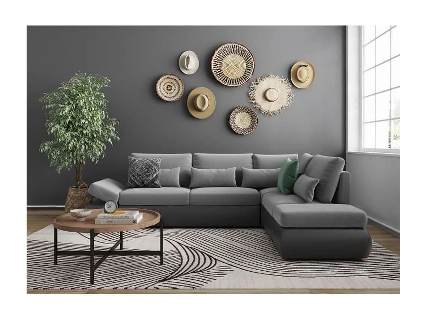 Canapé d'angle réversible convertible SEVARA 4 places - PU et Gris - Coffre de rangement - 267 x 200 x 90 cm