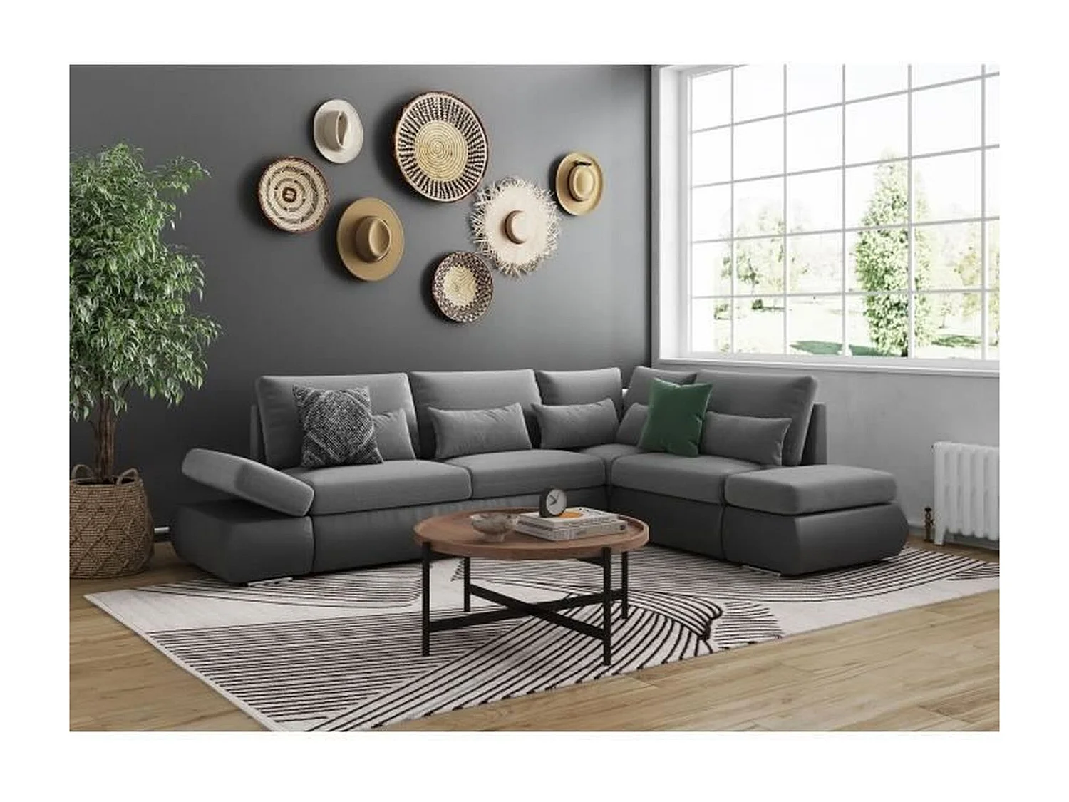 Canapé d'angle réversible convertible SEVARA 4 places - PU et Gris - Coffre de rangement - 267 x 200 x 90 cm