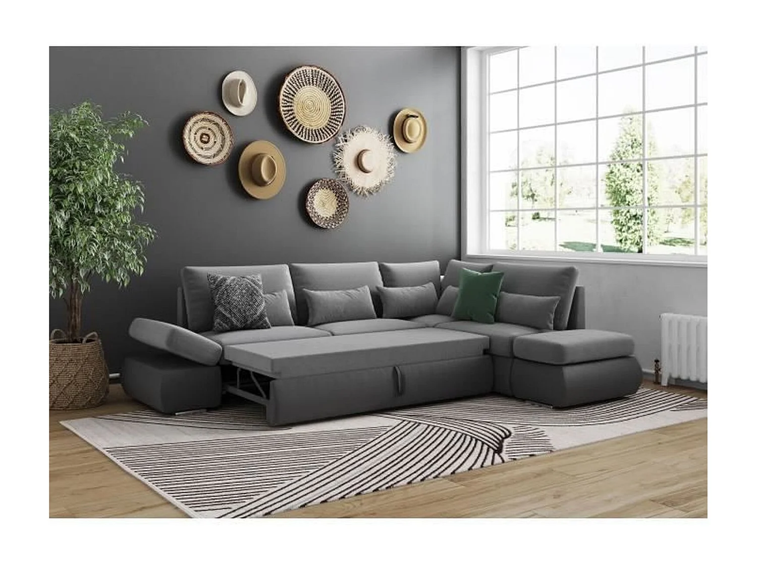 Canapé d'angle réversible convertible SEVARA 4 places - PU et Gris - Coffre de rangement - 267 x 200 x 90 cm