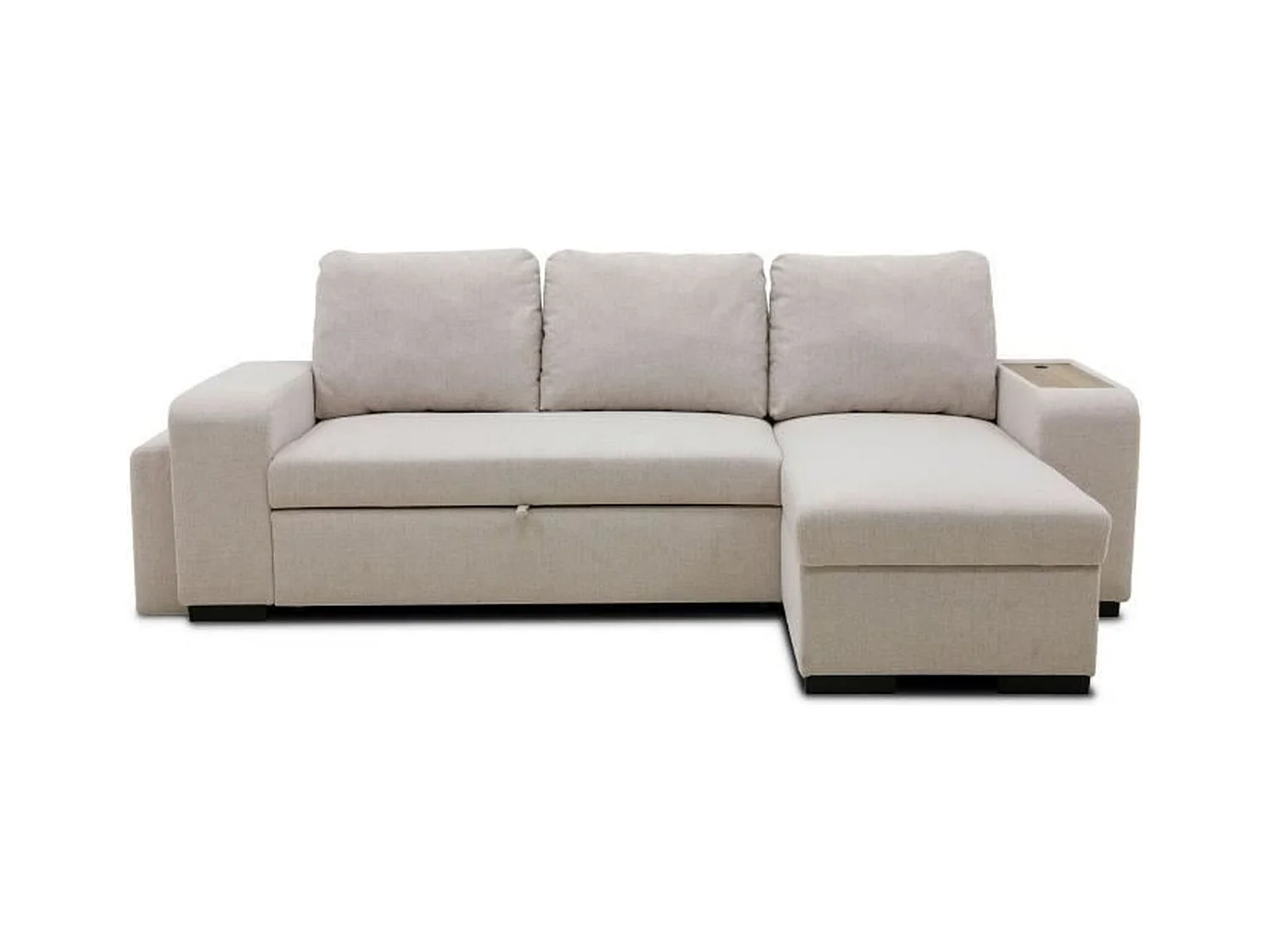 Canapé d'angle convertible réversible VALDO 3-4 places - Beige - Tablette avec USB - Coffre + Pouf - 247 x 143 x 86 cm