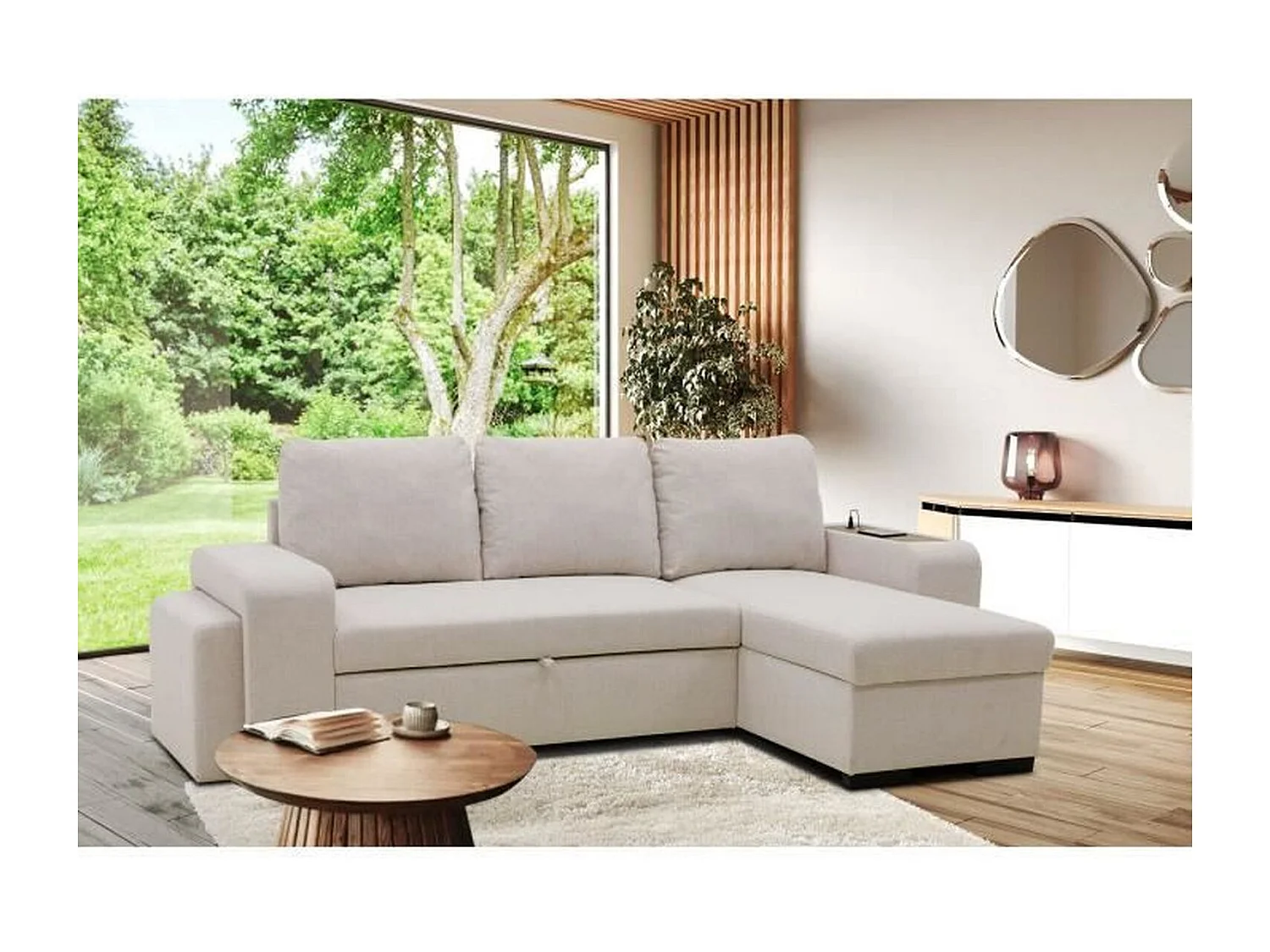 Canapé d'angle convertible réversible VALDO 3-4 places - Beige - Tablette avec USB - Coffre + Pouf - 247 x 143 x 86 cm