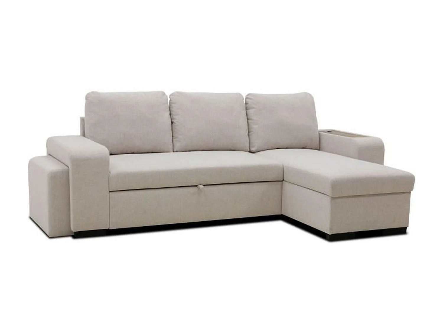 Canapé d'angle convertible réversible VALDO 3-4 places - Beige - Tablette avec USB - Coffre + Pouf - 247 x 143 x 86 cm