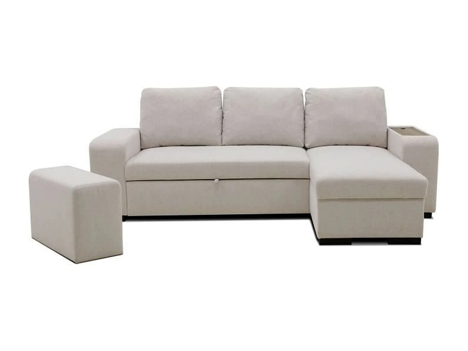 Canapé d'angle convertible réversible VALDO 3-4 places - Beige - Tablette avec USB - Coffre + Pouf - 247 x 143 x 86 cm