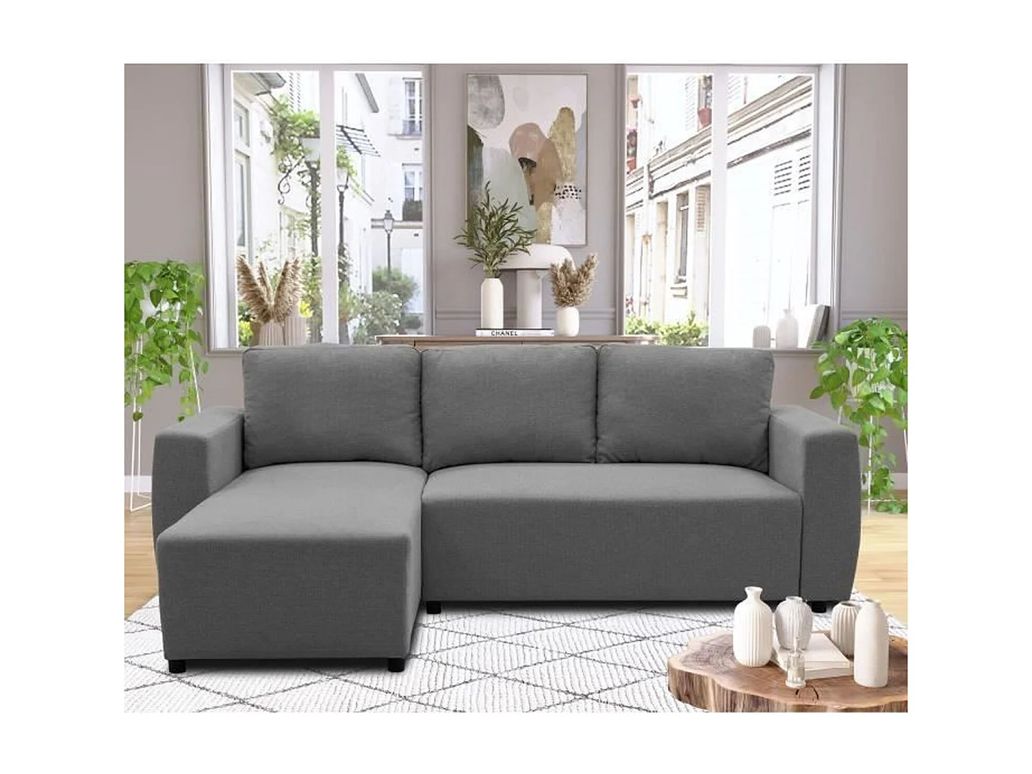 Canapé d'angle convertible réversible 3-4 places - PHARELL - anthracite - Coffre de rangement - 224 x 155 x 85 cm