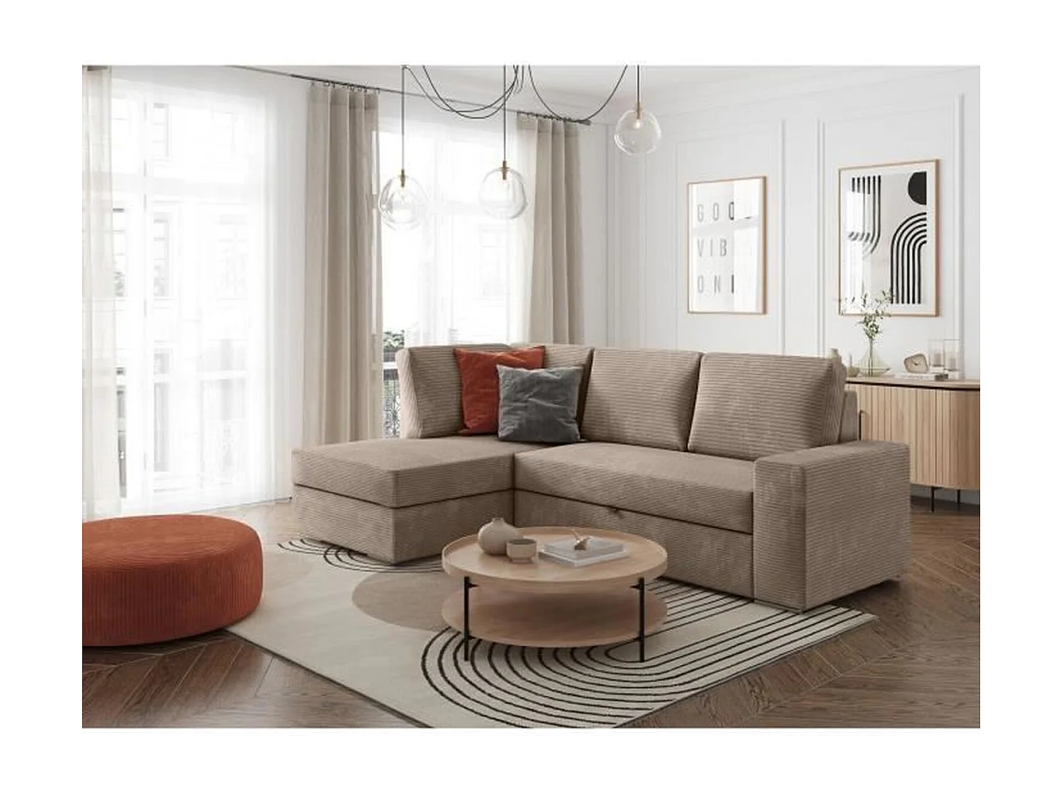 Canapé d'angle gauche convertible ARTEMIS 4 places - Velours côtelé greige - 246 x 174 x 96 cm