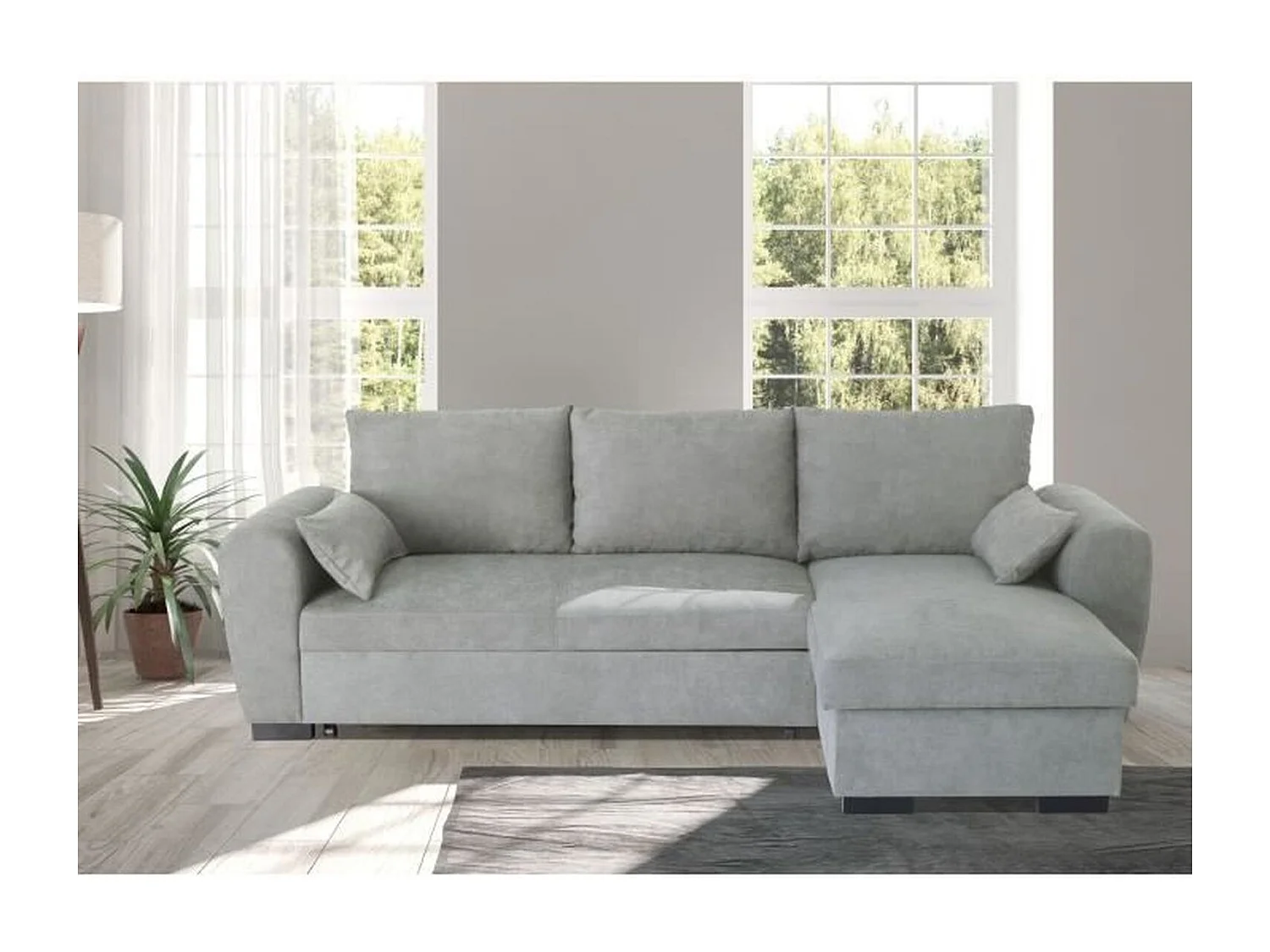 Canapé d'angle convertible réversible MAX - Méridienne avec coffre - Tissu gris clair - 240 x 143 x 85 cm