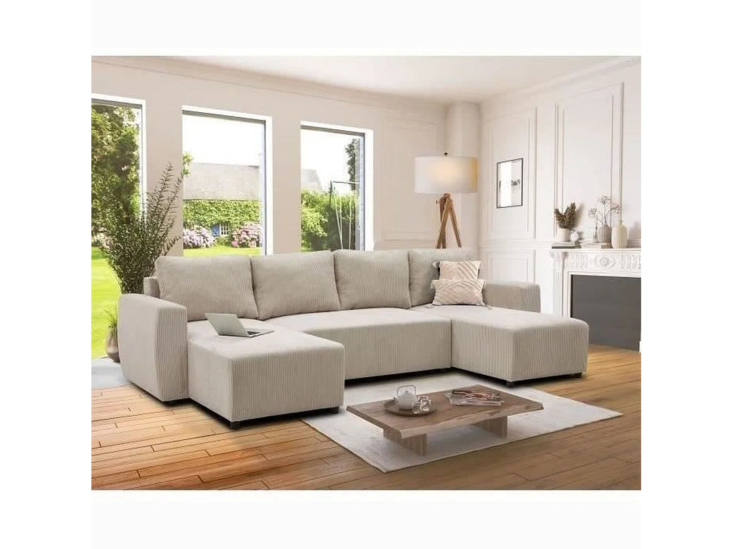 Canapé d'angle convertible panoramique PHAREL5/6 places - Perle - Coffre de rangement - 297 x 155 x 85