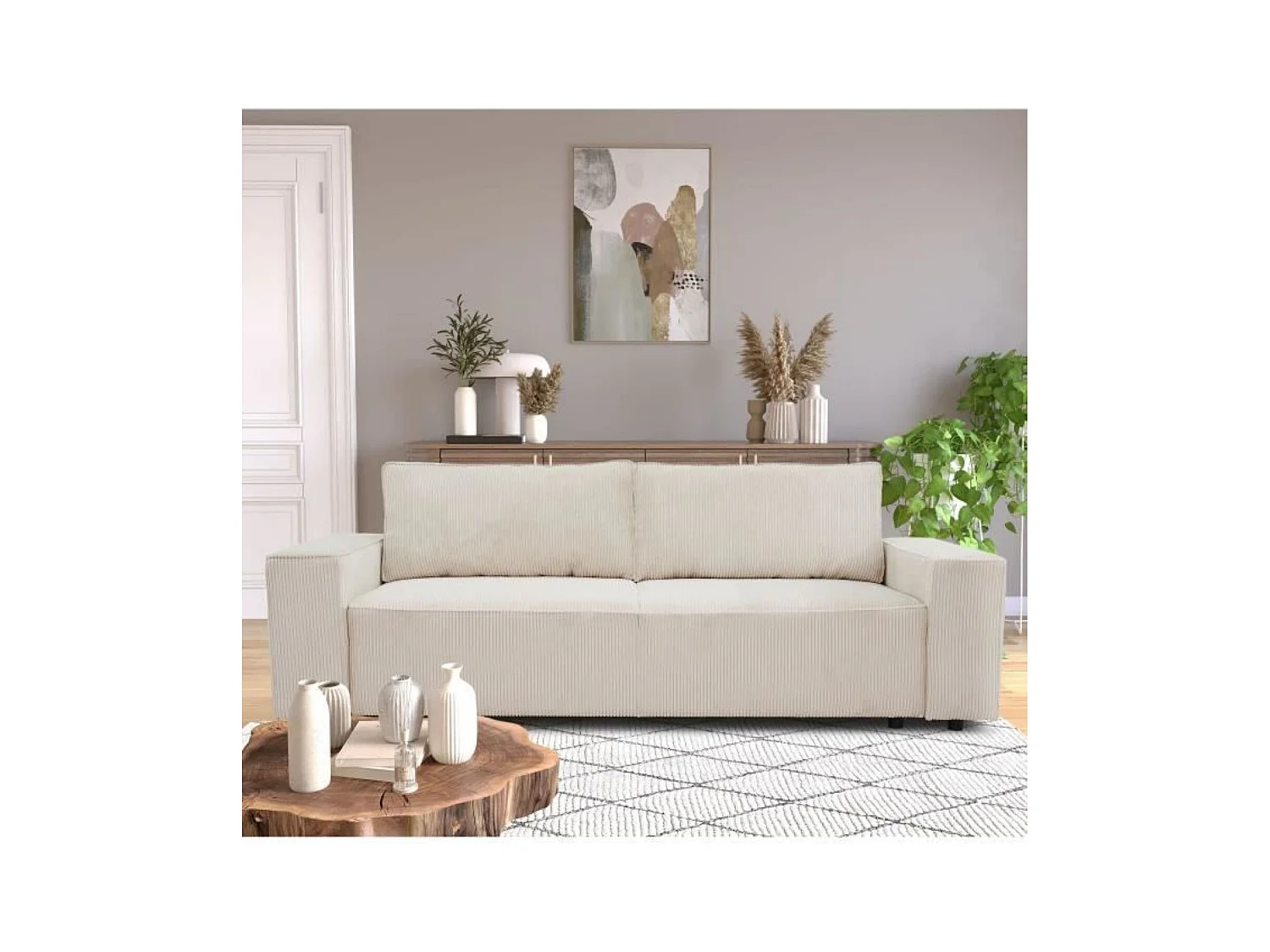 3-zits slaapbank in beige corduroy stof met opbergvak - 239 x 86 x Hoogte 85 cm