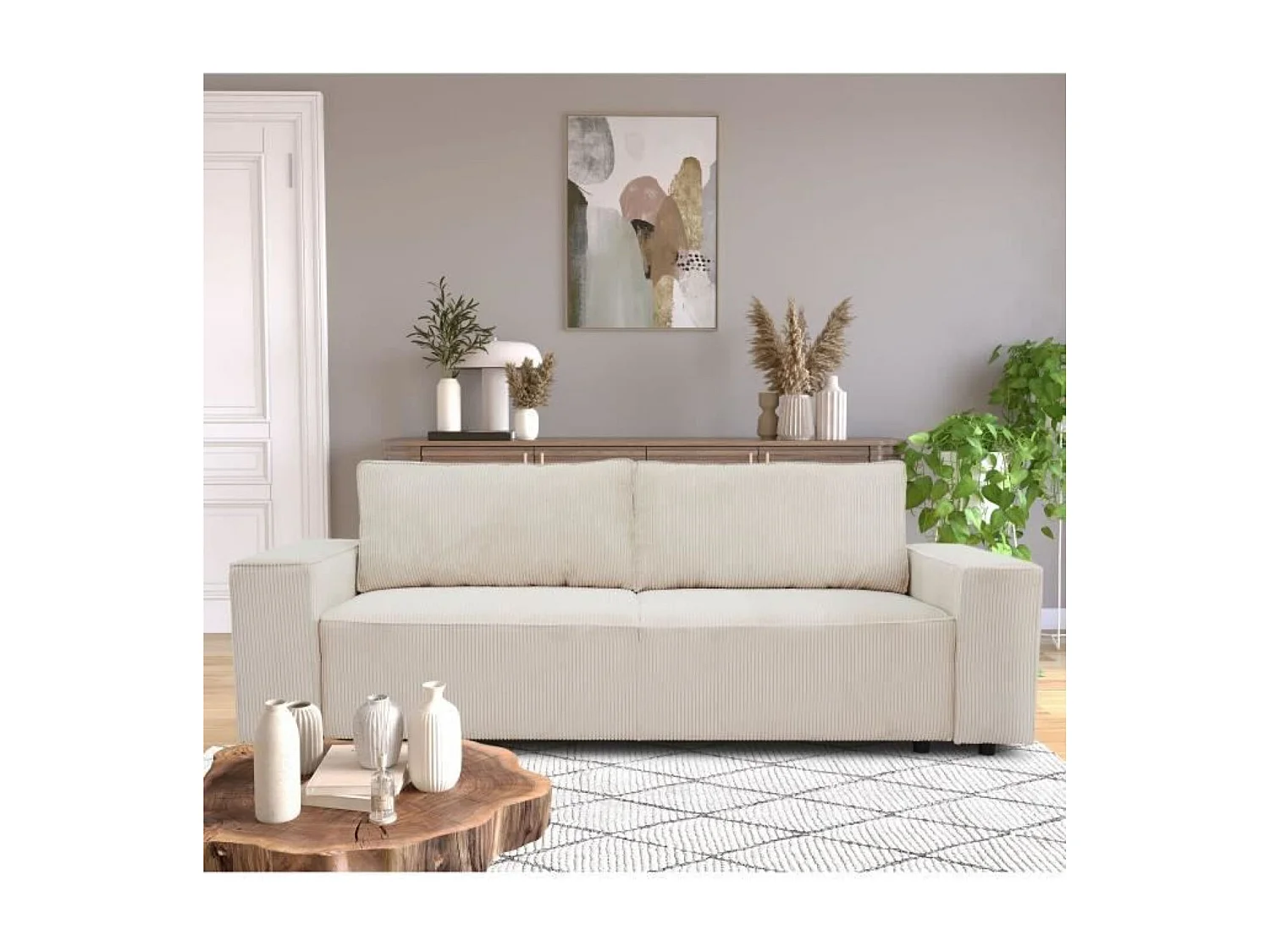 Canapé convertible 3 places tissu velours côtelé beige à coffre de rangement - 239 x 86 x Hauteur 85 cm